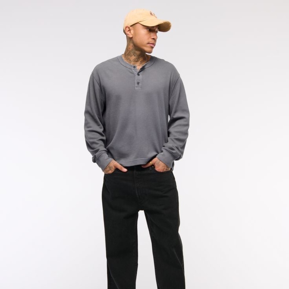Abercrombie & Fitch Grey Cropped Henley Long Sleeve